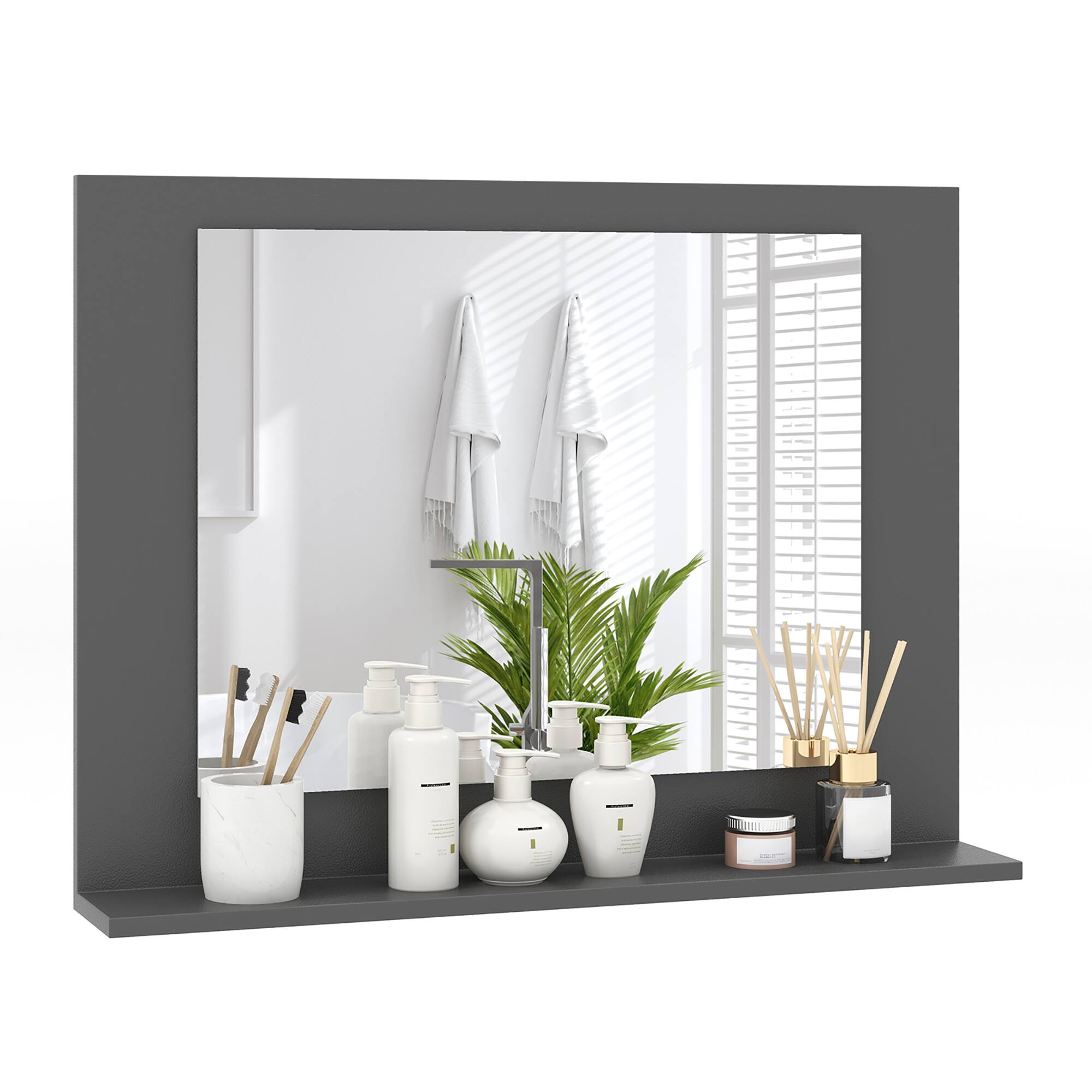 Alt View 8. Gymax - Gymax Bathroom Mirror w/ Shelf 23.5'' x 17.5'' Rectangle Wood Frame Vanity Mirror Gray - Gray.