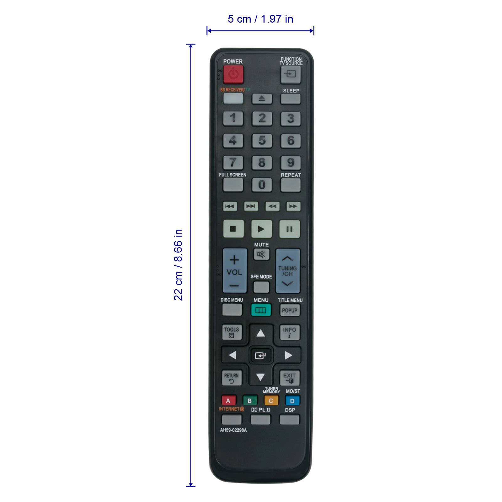 5 cm / 1.97 in  
POWER FUNCTION TV SOURCE D  
1 2 3 4 5 6 7 8 9 0 REPEAT  
SLEEP FULL SCREEN MUTE TUNING  
VOL DISC MENU SFE MODE  
TOOLS INFO RETURN EXIT  
INTERNET : C 3O PL I1 O OSP AH59-02298A  
22 cm / 8.66 in