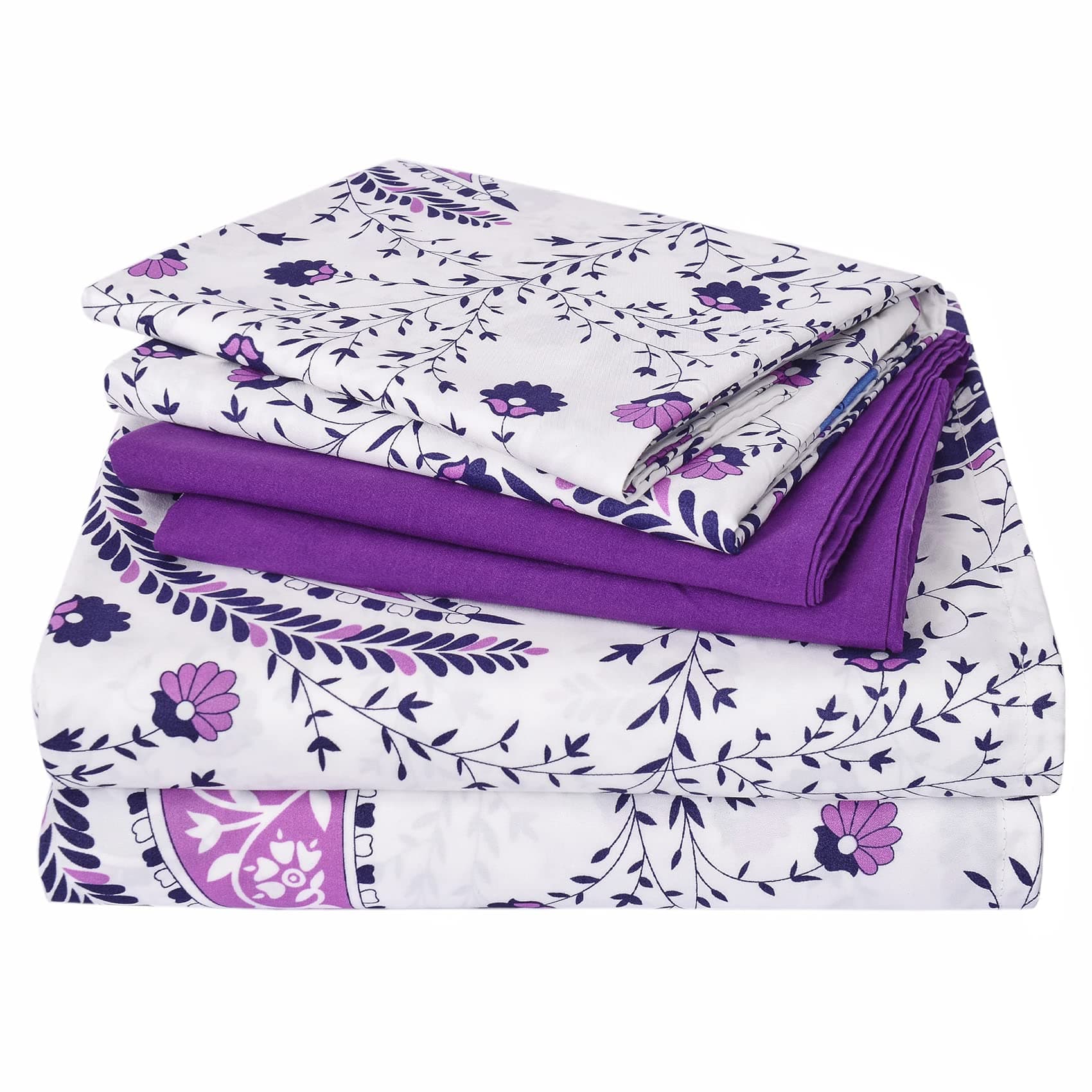 Fabibe - Bedding Set King Size - Green Color with Deep Pockets, Microfiber - White Purple Paisley-Queen