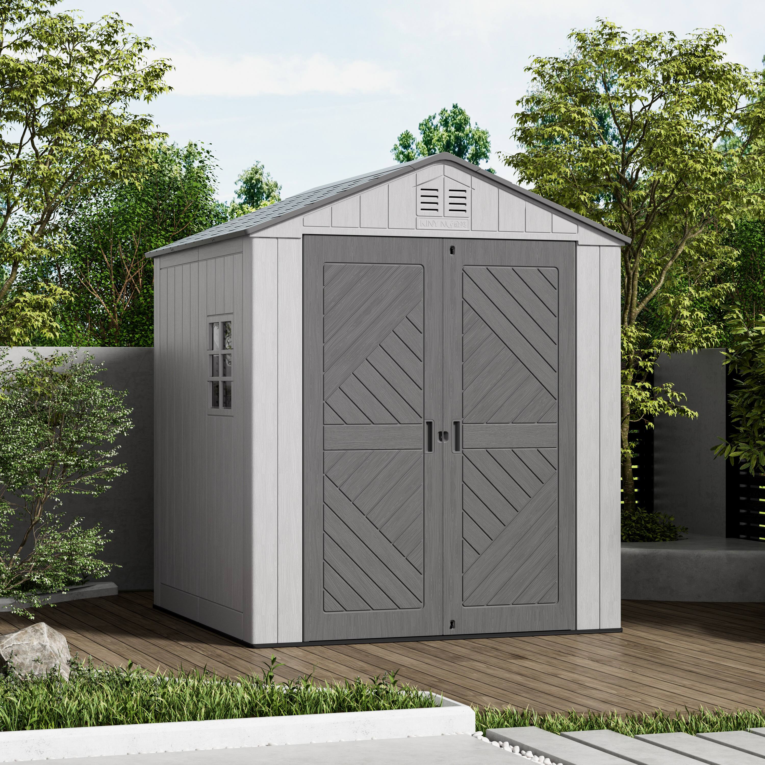 Angle. Yardgrace - 35 sq 6x6 ft. Outdoor Resin Storage Shed, Weatherproof Durable Tool Shed, Lockable with Floor and Window - Grey.