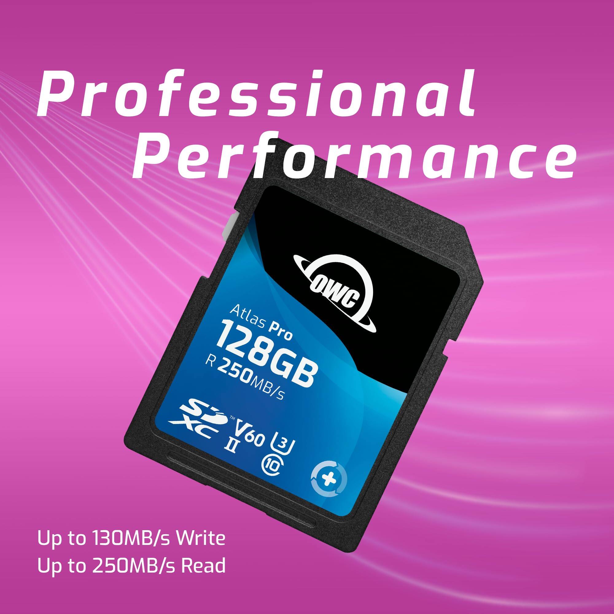 Professional Performance

OWC Atlas Pro 128GB 250MB/s II V60

Up to 130MB/s Write
Up to 250MB/s Read