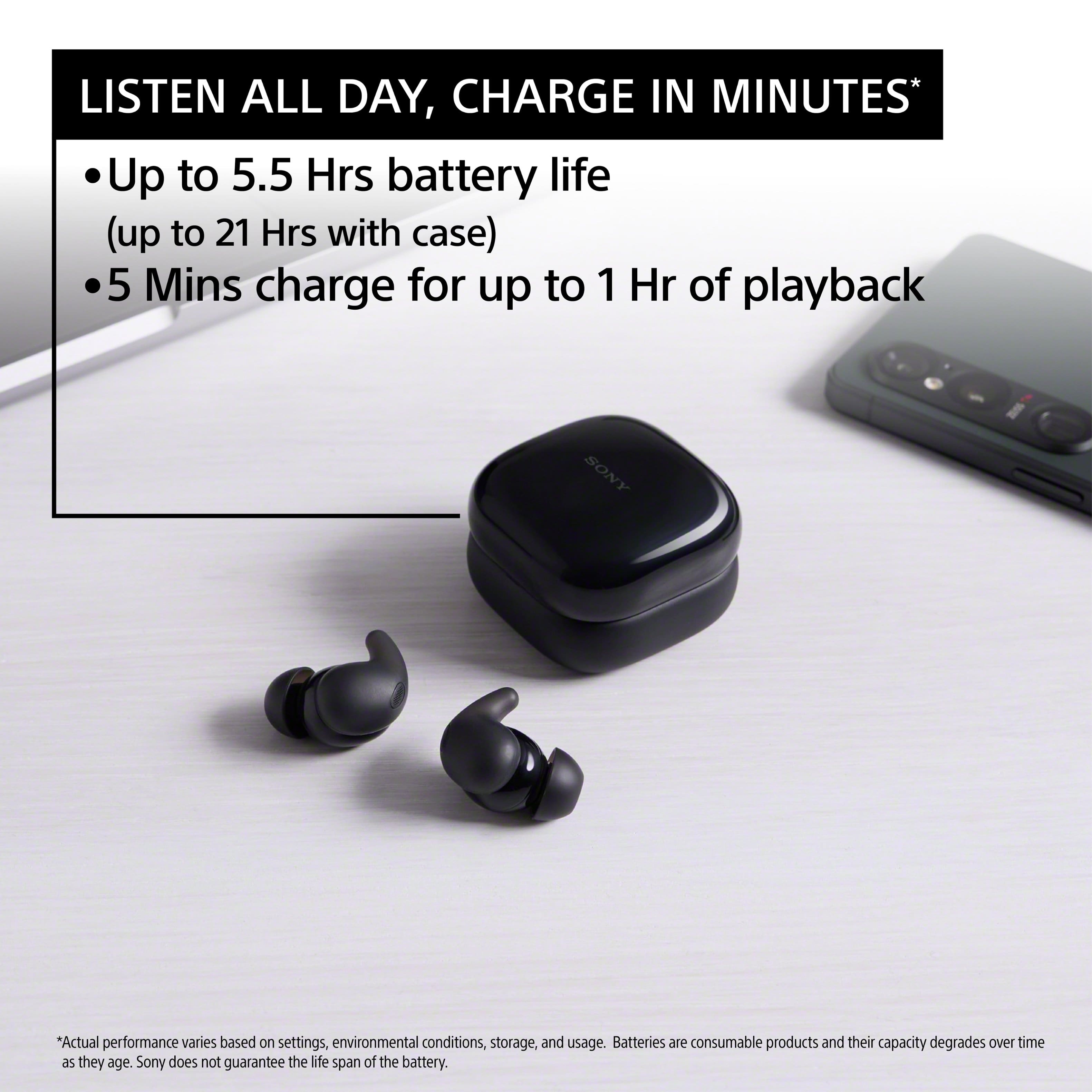 Listen all day, charge in minutes*: Up to 5.5 hours of battery life (up to 21 hours with case) and 5 minutes of charge for up to 1 hour of playback. Sony: "Actual performance varies based on settings, environmental conditions, storage, and usage. Batteries are consumable products and their capacity degrades over time as they age. Sony does not guarantee the life span of the battery."