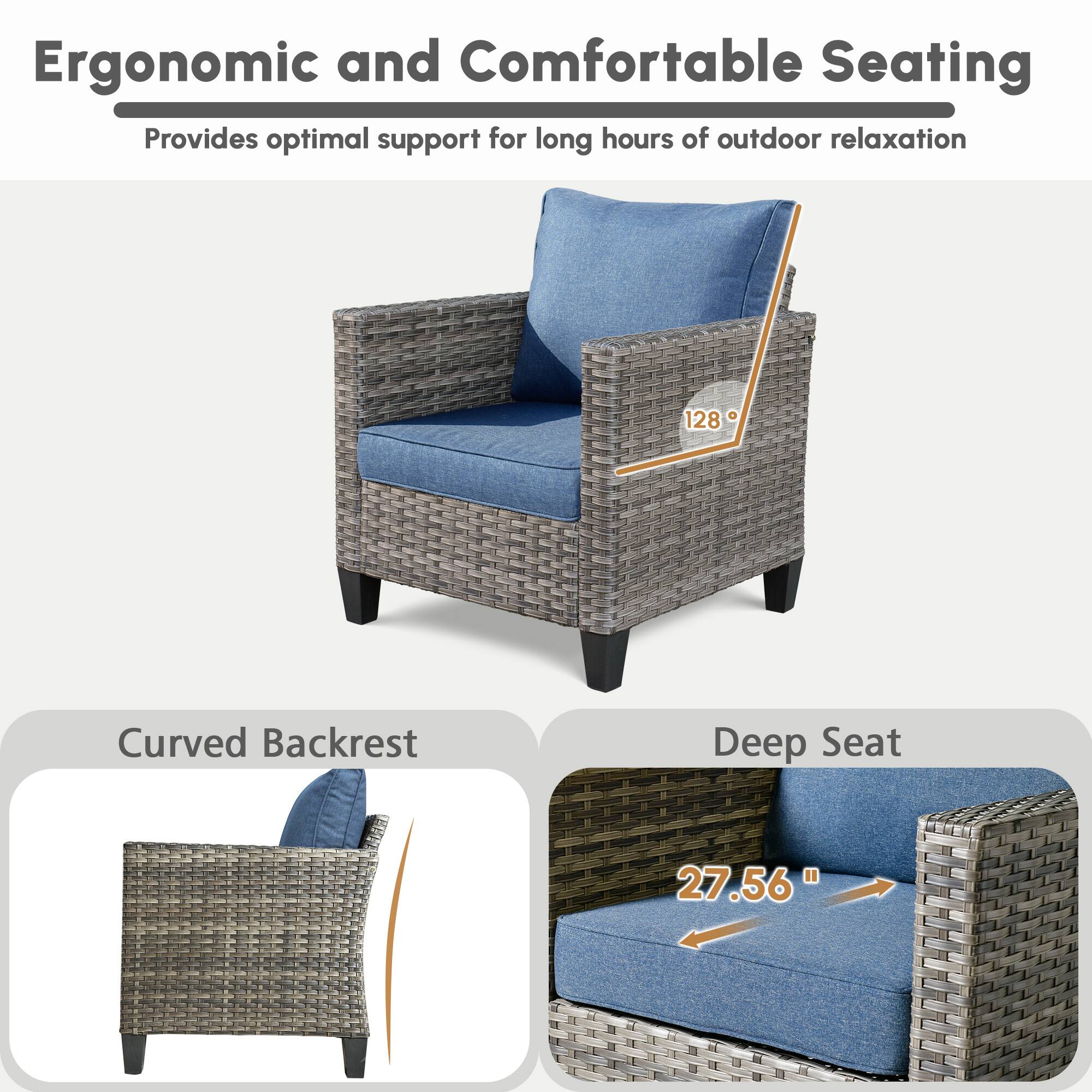 Ergonomic and Comfortable Seating  
Provides optimal support for long hours of outdoor relaxation  

Curved Backrest  
128°  

Deep Seat  
27.56"