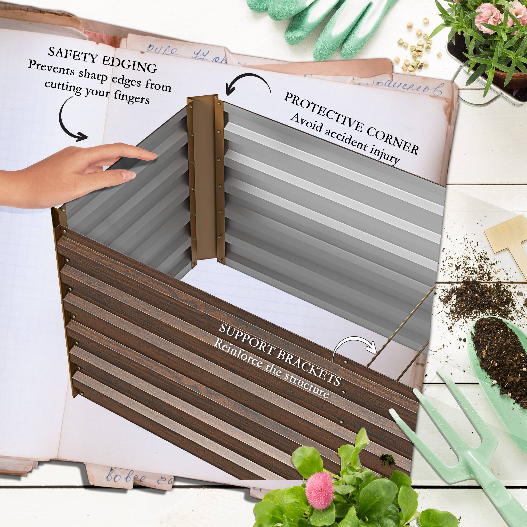 SAFETY EDGING  
Prevents sharp edges from cutting your fingers

PROTECTIVE CORNER  
Avoid accident injury

SUPPORT BRACKETS  
Reinforce the structure