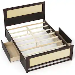Costway - Full Size Rattan Bed Frame with Headboard, 2 Storage Drawers & Space - Rustic Brown
