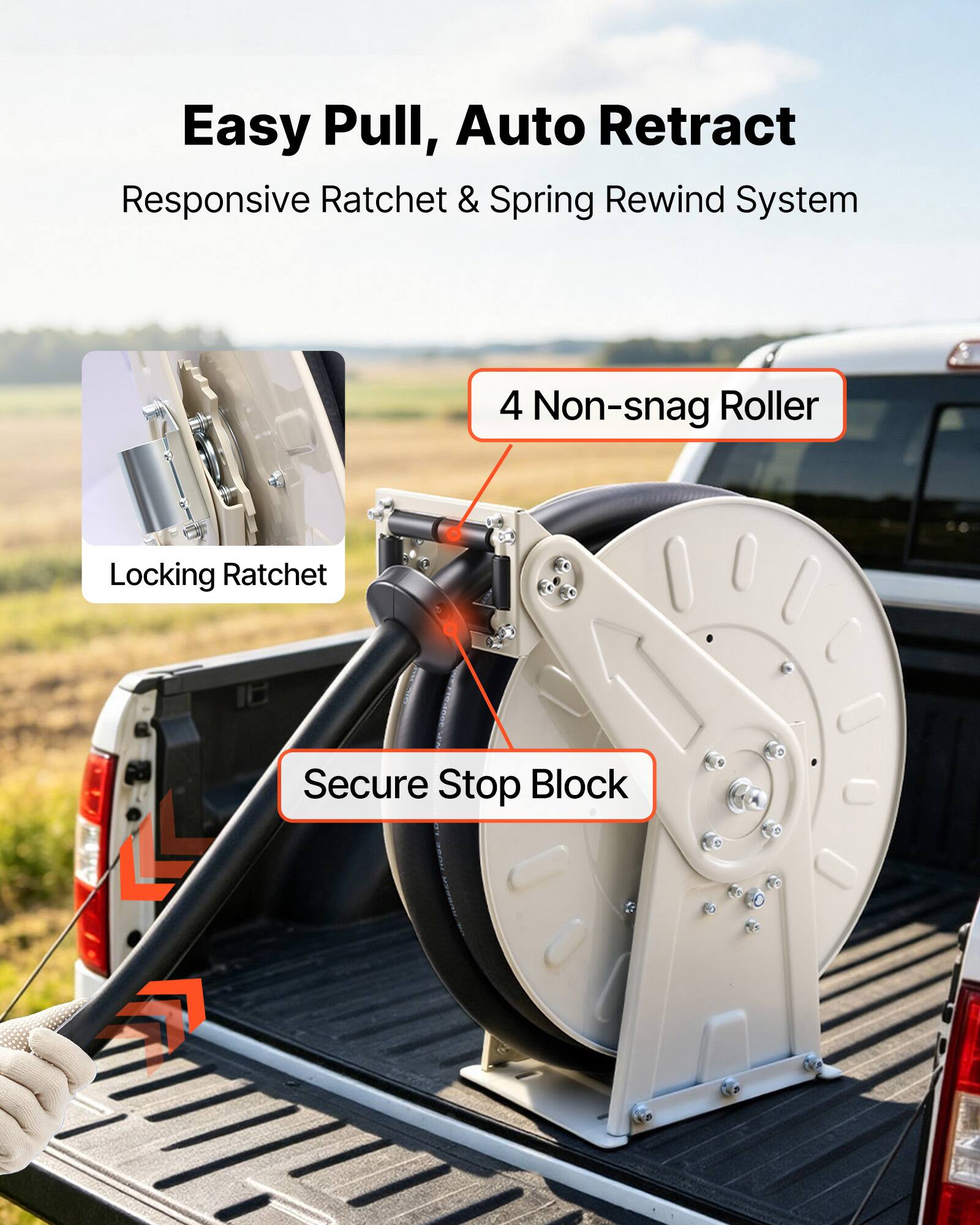 Easy Pull, Auto Retract  
Responsive Ratchet & Spring Rewind System  
4 Non-snag Roller  
Locking Ratchet  
Secure Stop Block