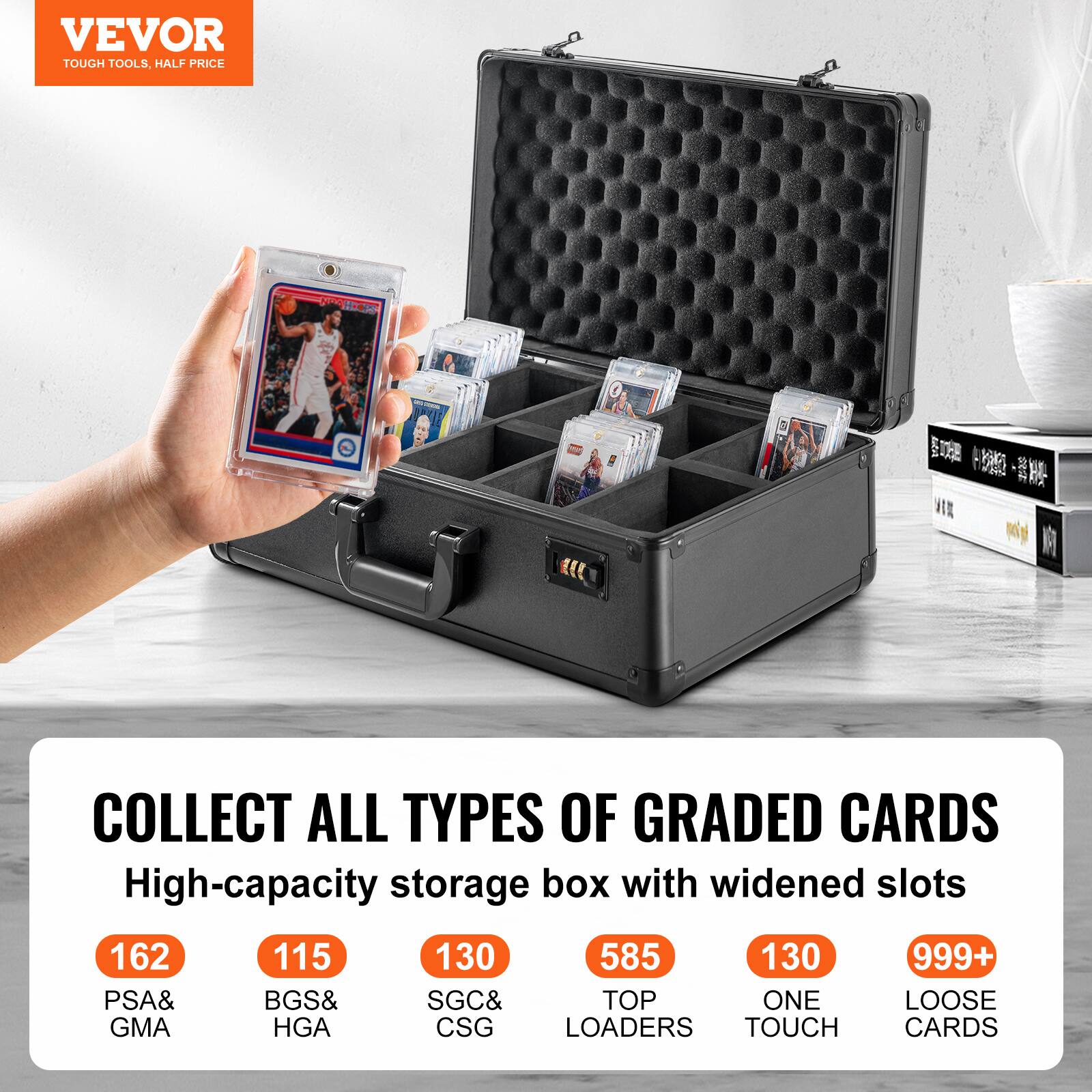 VEVOR  
TOUGH TOOLS, HALF PRICE  

COLLECT ALL TYPES OF GRADED CARDS  
High-capacity storage box with widened slots  

162 PSA & GMA  
115 BGS & HGA  
130 SGC & CSG  
585 TOP LOADERS  
130 ONE TOUCH  
999+ LOOSE CARDS