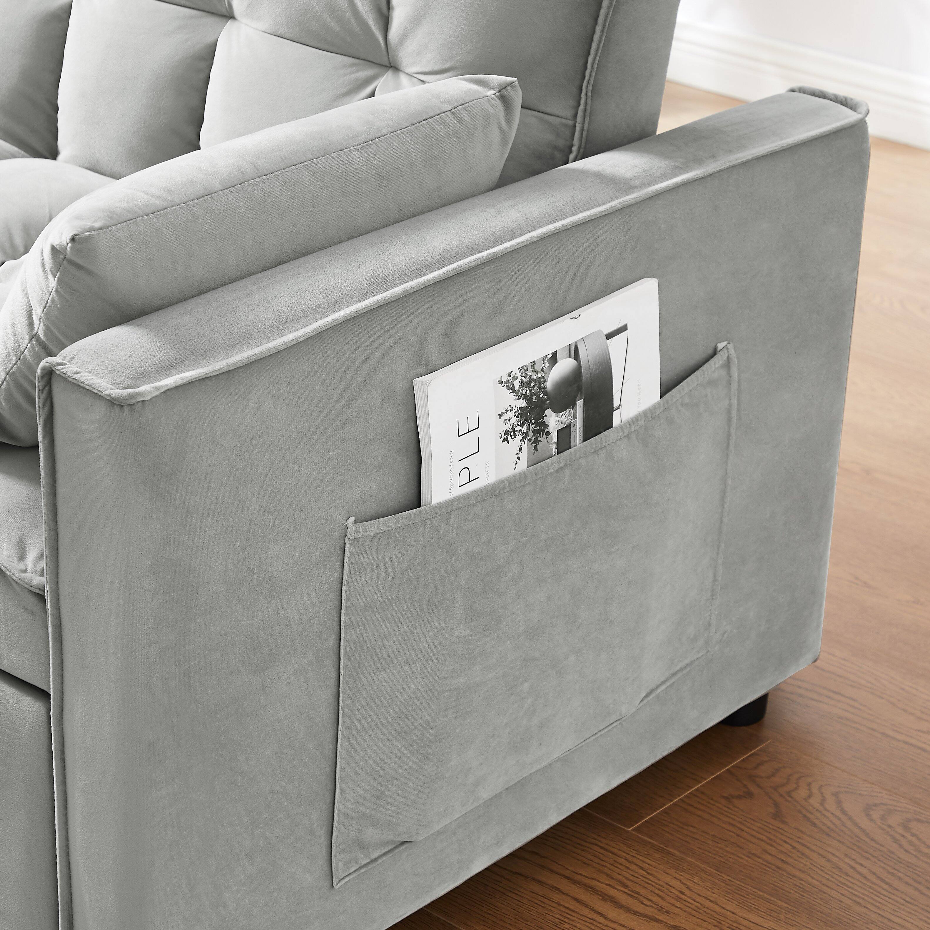 Alt View 5. Tiramisubest - 3-in-1 Modern Velvet Sleeper Loveseat,Reclining Backrest,Pullout Bed & Storage Pockets with Pillows for Living Room,Gray - Gray.