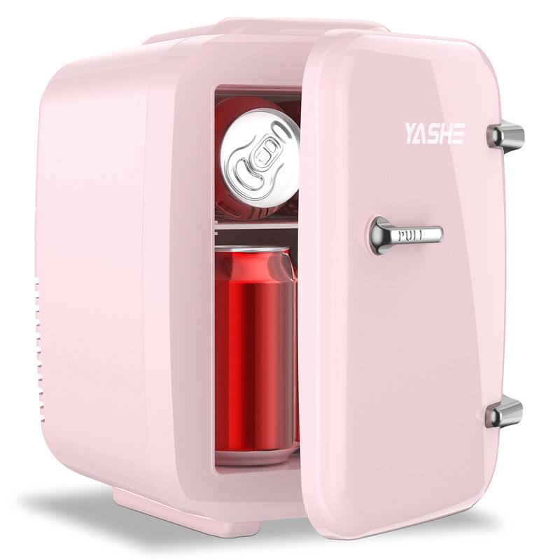 YASHE - 4L Mini Fridge, 6 Can Skincare & Drink Cooler/Warmer, 110V/12V, Portable, for Office, Dorm, Bedroom, Car - Pink