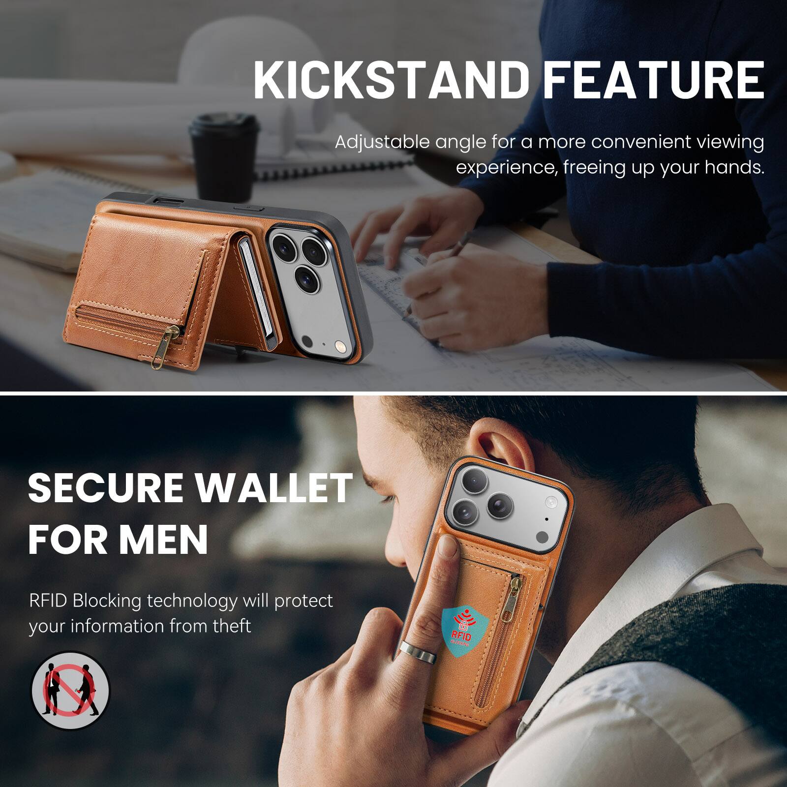 KICKSTAND FEATURE  
Adjustable angle for a more convenient viewing experience, freeing up your hands.  

SECURE WALLET FOR MEN  
RFID Blocking technology will protect your information from theft