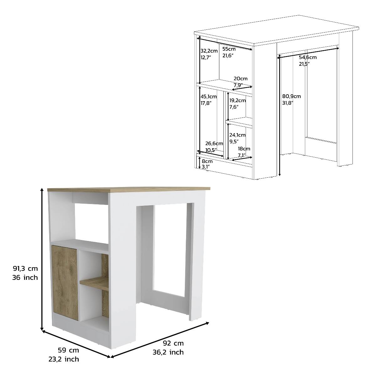 Loheer 36 inch high kitchen island with open shelves White Multicolor ...