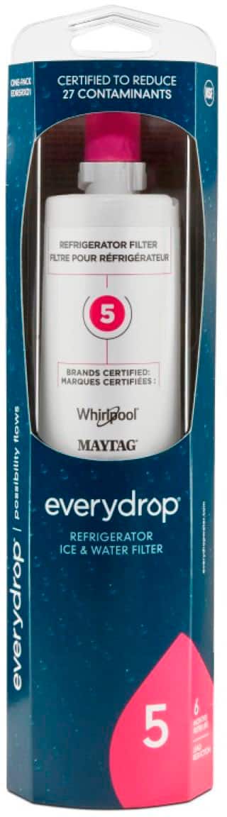 The text on the image is grouped and corrected as follows:
"Certified to reduce 27 contaminants. Refrigerator filter. 5 brands certified: Whirlpool, Maytag, KitchenAid, Amana, and Jenn-Air. Possibility everydrop. Refrigerator ice & water filter. everydrop 5. everydrop 6."