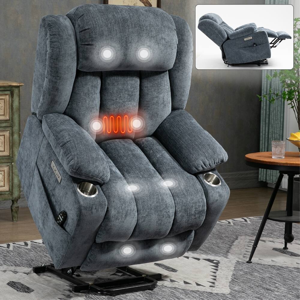 Alt View 8. Ropilly - Ropilly Blue Chenille Power Lift Recliner, Heavy Duty 350 LBS Chair with Massage, Lumbar Heating and Dual USB Ports - Blue.