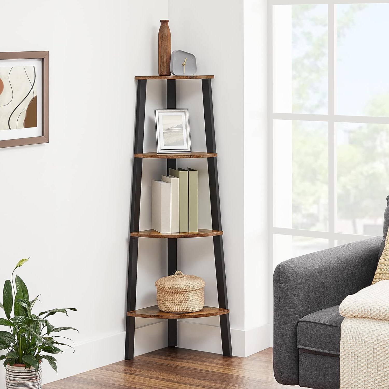 Angle. Hivvago - Narrow 3-Shelf Corner Shelving Unit Plant Stand Bookcase in Brown Black Wood - Brown Black Wood.