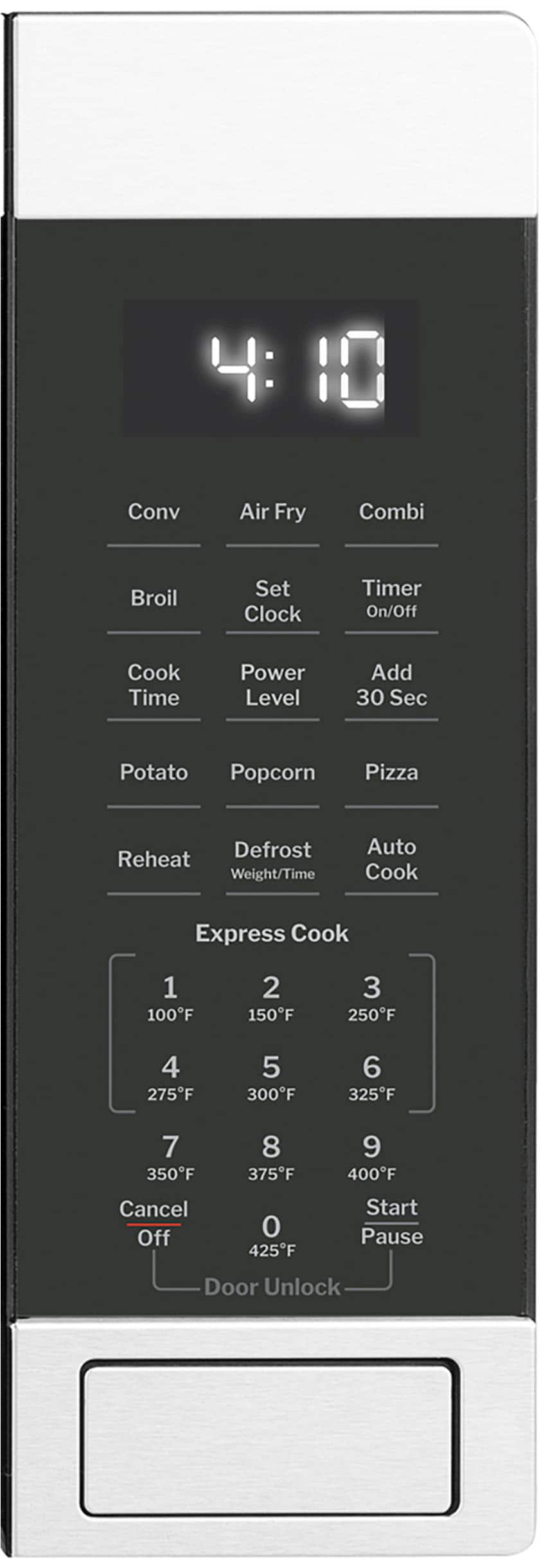Convection Air Fry Combi Broil Set Clock Timer On/Off Cook Time Power Level Add 30 Sec Potato Popcorn Pizza Defrost Reheat Weight/Time Auto Cook Express Cook 1 100F 2 150F 3 250F 4 275F 5 300F 6 325F 7 350F 8 375F 9 400F Cancel Off 0 425F Start Pause Door Unlock