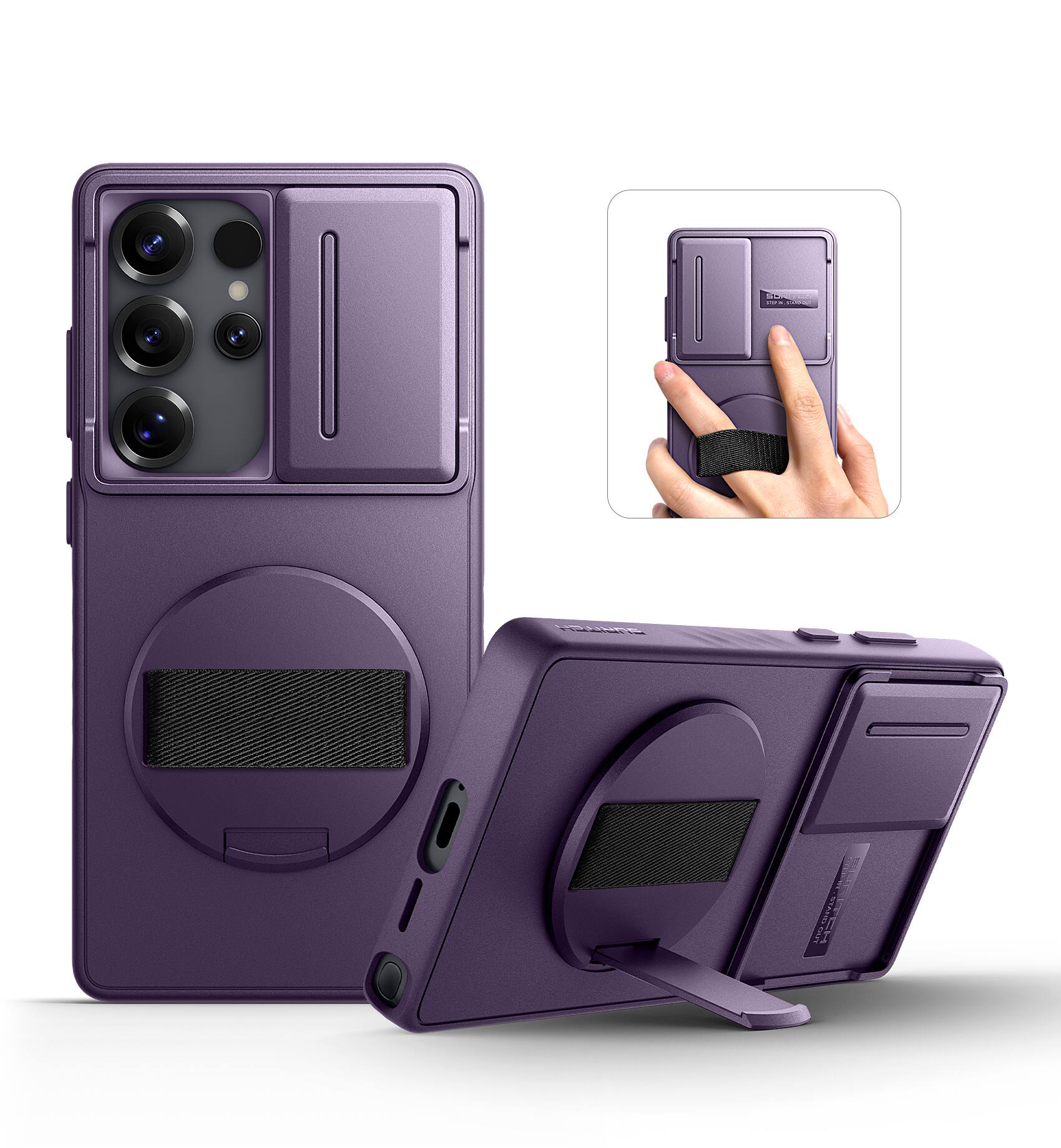 Angle. SURITCH - Case for Samsung Galaxy S25 Ultra with 360° Rotatable Hand Strap, Invisible Kickstand, Camera Cover, Rugged Shockproof - Dark Purple.