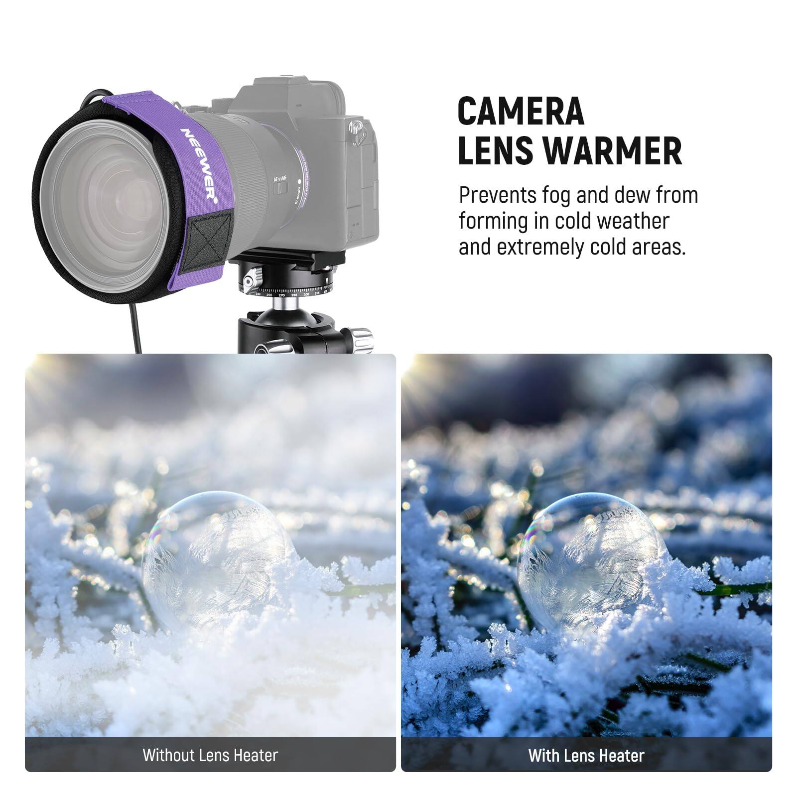 NEEWER 1g CAMERA LENS WARMER Prevents fog and dew from forming in cold weather and extremely cold areas. Without Lens Heater With Lens Heater