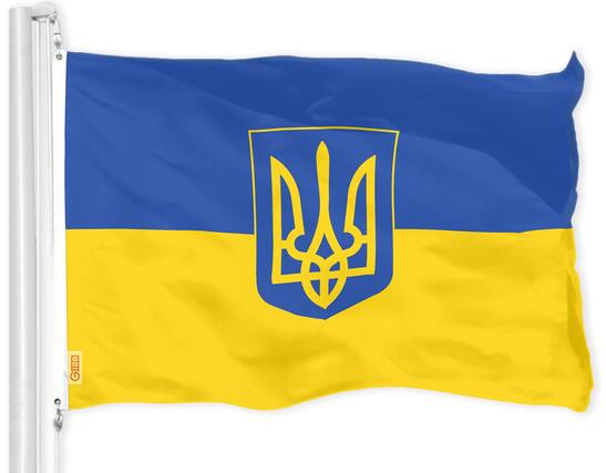 Front. G128 - Ukraine Coat of Arms Flag 2 ft x 3 ft โ 150D Heavy-Duty Polyester with Brass Grommets. - Assorted Colors.