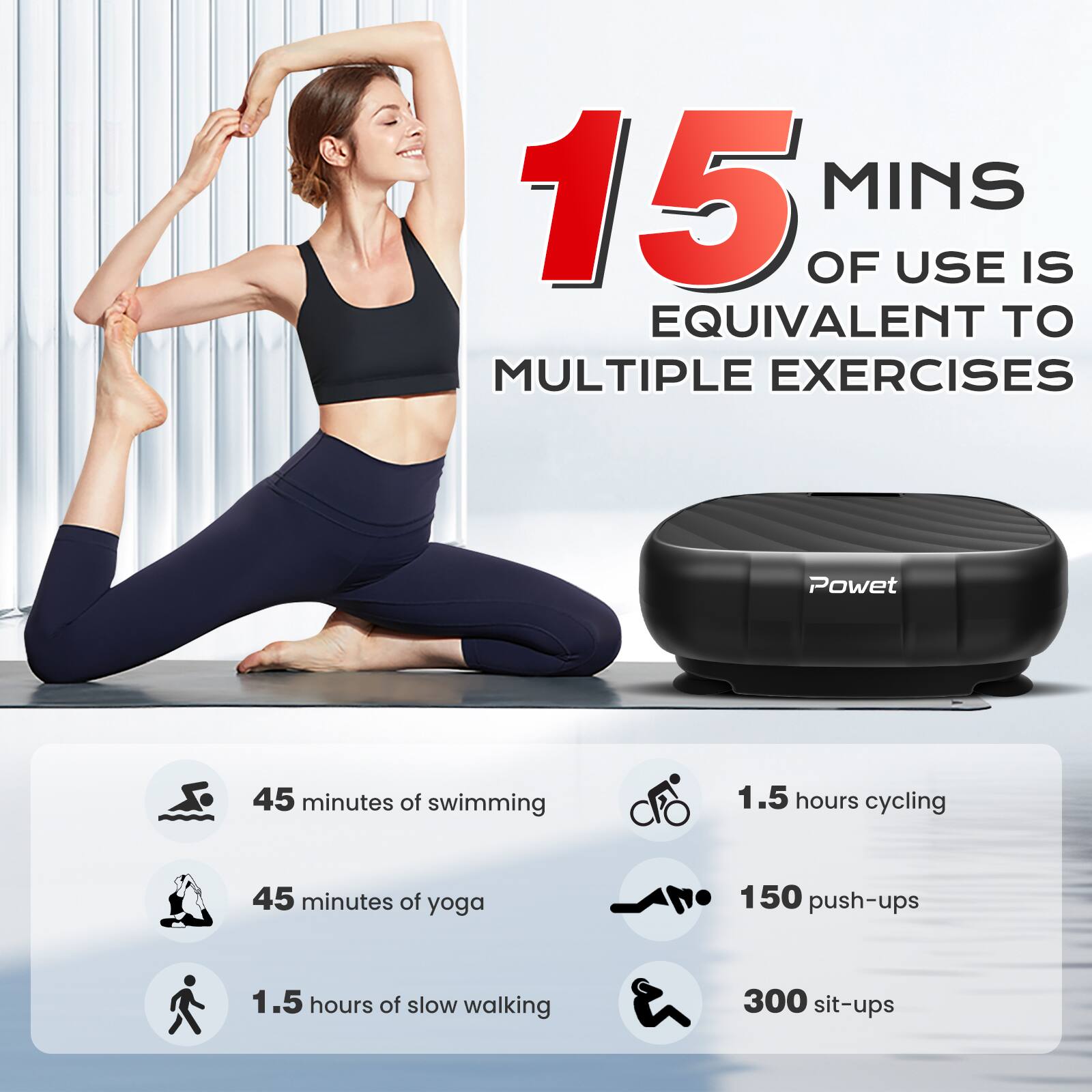 15 MINS OF USE IS EQUIVALENT TO MULTIPLE EXERCISES

- 45 minutes of swimming
- 45 minutes of yoga
- 1.5 hours of slow walking
- 1.5 hours cycling
- 150 push-ups
- 300 sit-ups
