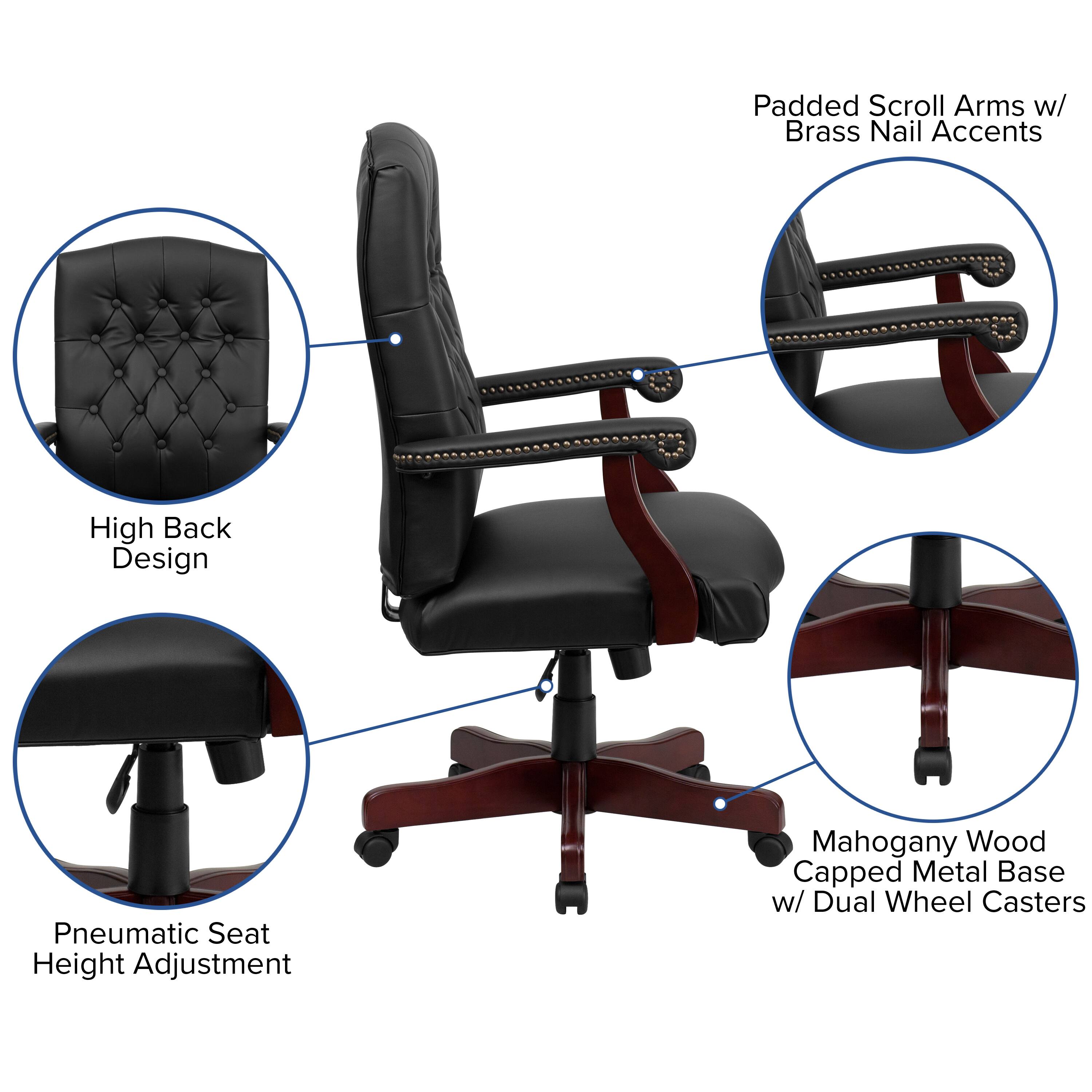 Padded Scroll Arms w/ Brass Nail Accents  
High Back Design  
Pneumatic Seat Height Adjustment  
Mahogany Wood Capped Metal Base w/ Dual Wheel Casters