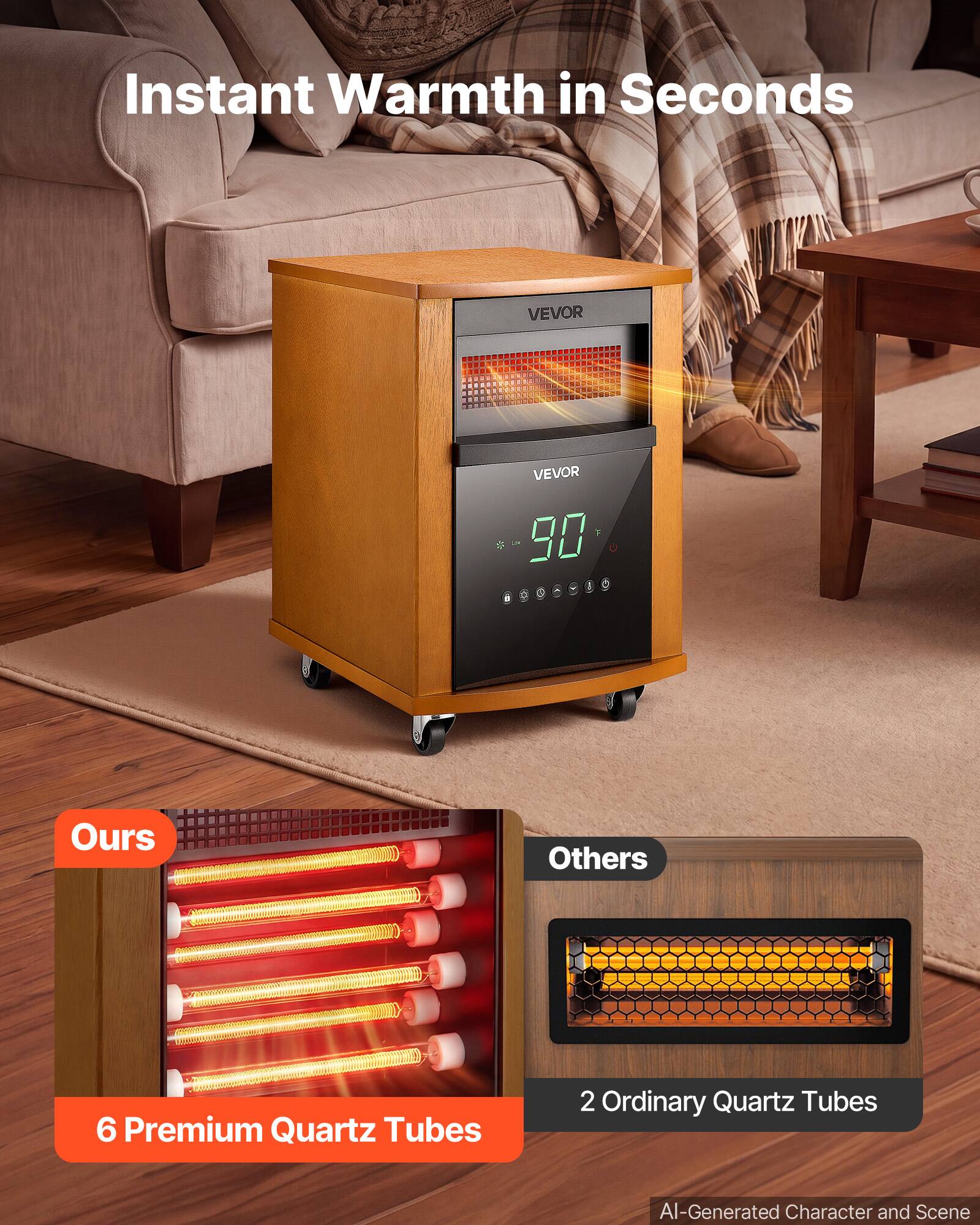 Instant Warmth in Seconds

VEVOR 90

Ours
6 Premium Quartz Tubes

Others
2 Ordinary Quartz Tubes

AI-Generated Character and Scene