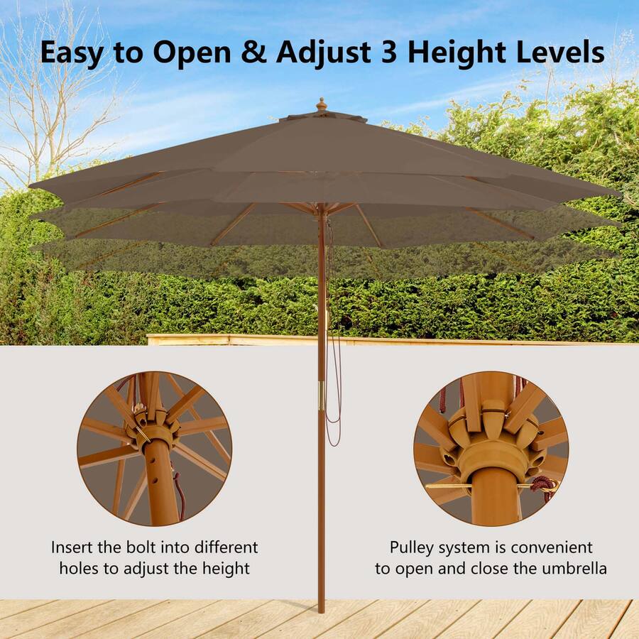 Costway 10FT Patio Wooden Market Table Umbrella Pulley with 8 Bamboo ...