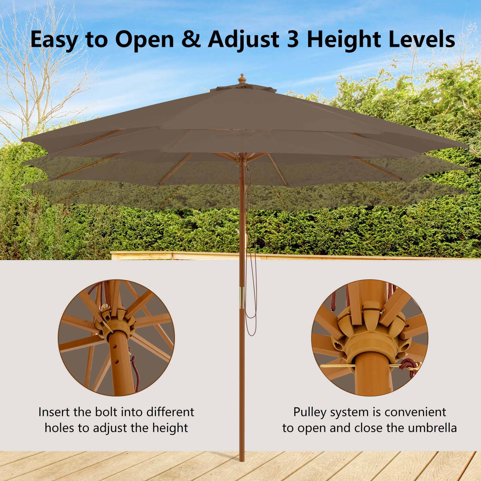 Easy to Open & Adjust 3 Height Levels:

1. Insert the bolt into different holes to adjust the height.
2. Pulley system is convenient to open and close the umbrella.