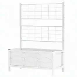RYHNUYNE - Outdoor Raised Garden Bed with Trellis, Galvanized Steel Planter Box for Climbing Vines, Finish, 35.4 x 15.7 - White