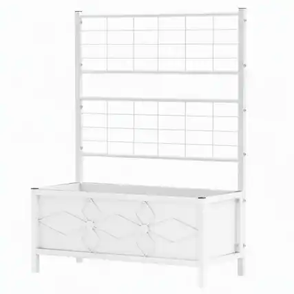 Front. RYHNUYNE - Outdoor Raised Garden Bed with Trellis, Galvanized Steel Planter Box for Climbing Vines, White Finish, 35.4 x 15.7 - White.