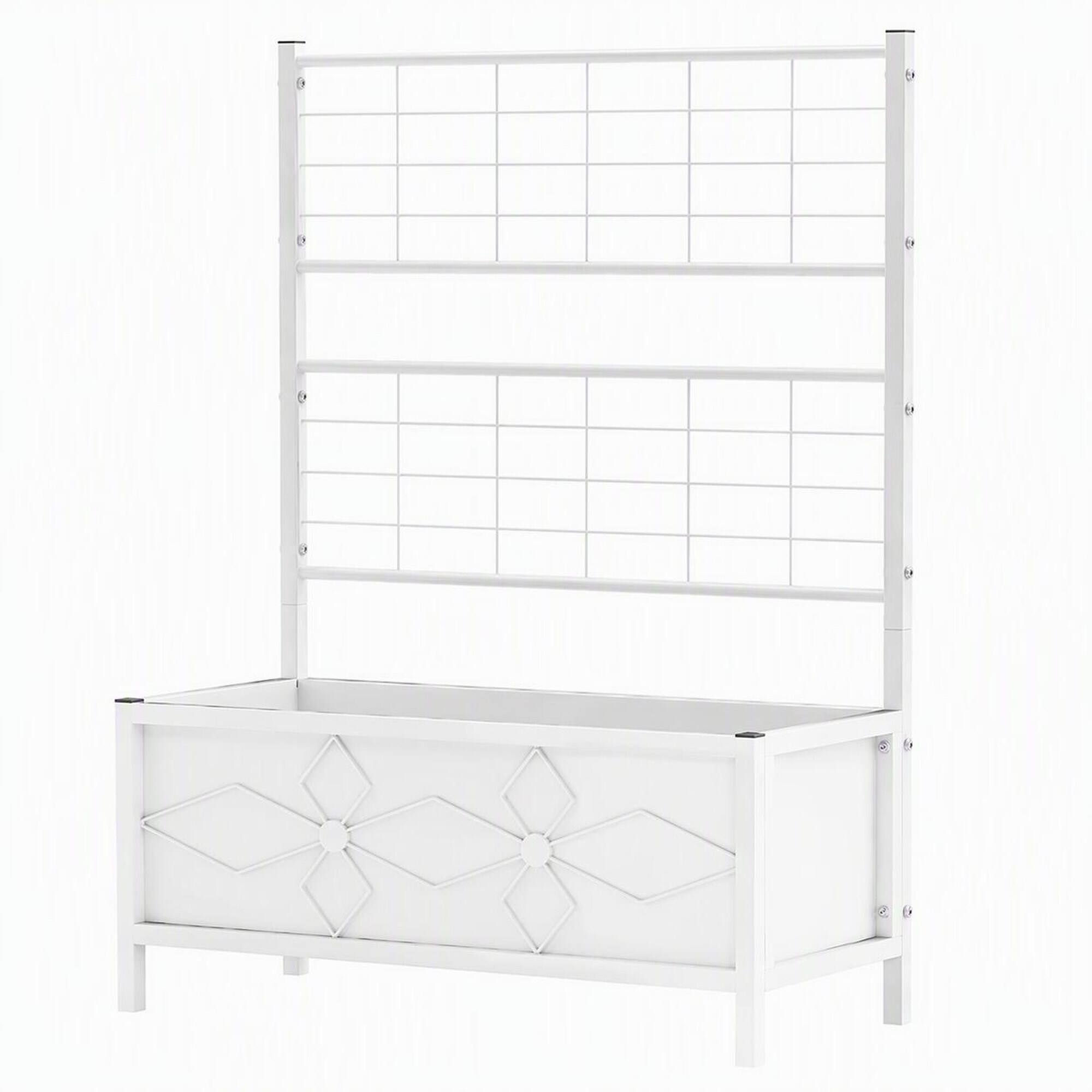 Front. RYHNUYNE - Outdoor Raised Garden Bed with Trellis, Galvanized Steel Planter Box for Climbing Vines, White Finish, 35.4 x 15.7 - White.