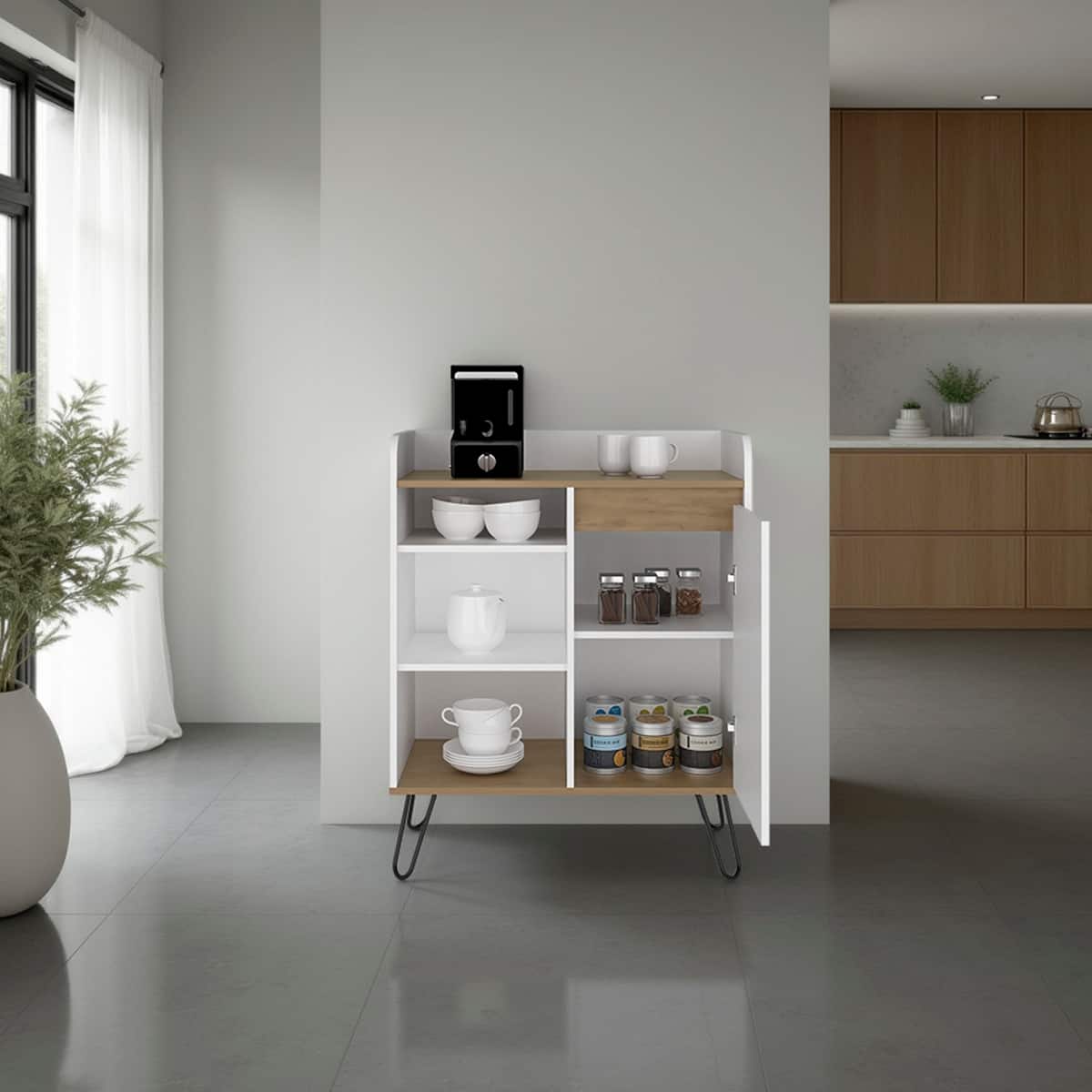 Loheer - Coffee Station with Storage Doors 31.5 Inch Wide - White and Natural Oak