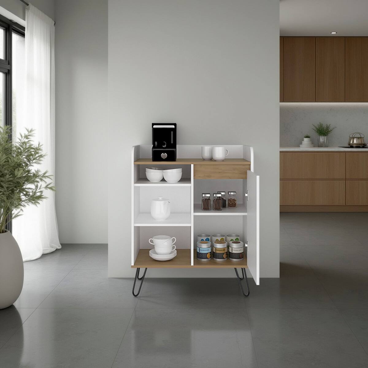 Front. Loheer - Loheer White and Natural Oak Coffee Station with Storage Doors 31.5 Inch Wide - White and Natural Oak.