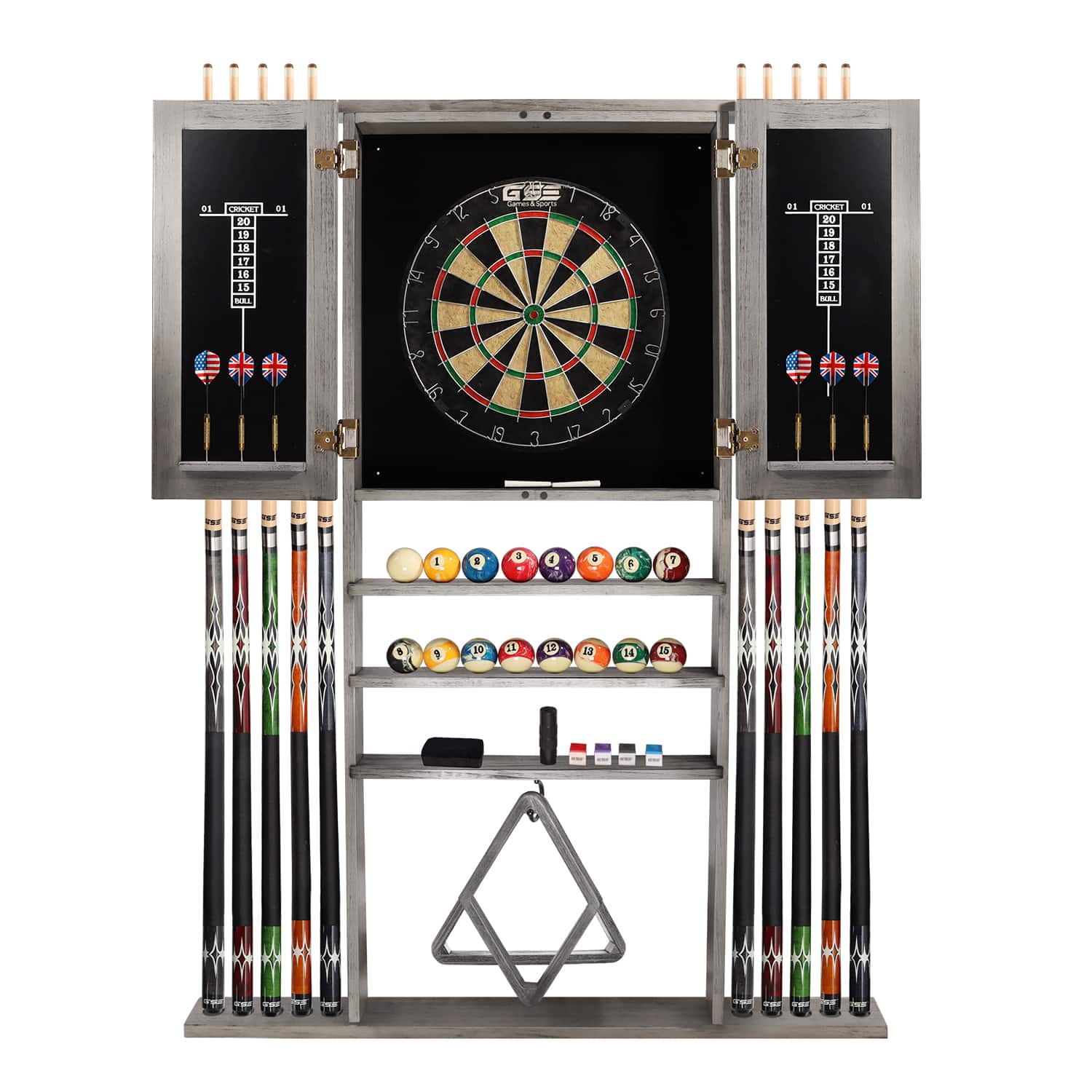 GSE Games & Sports Expert - Wood 10 Billiard Pool Cue Rack & Dart Board Cabiner Combination Rack Only - Brushed Grey