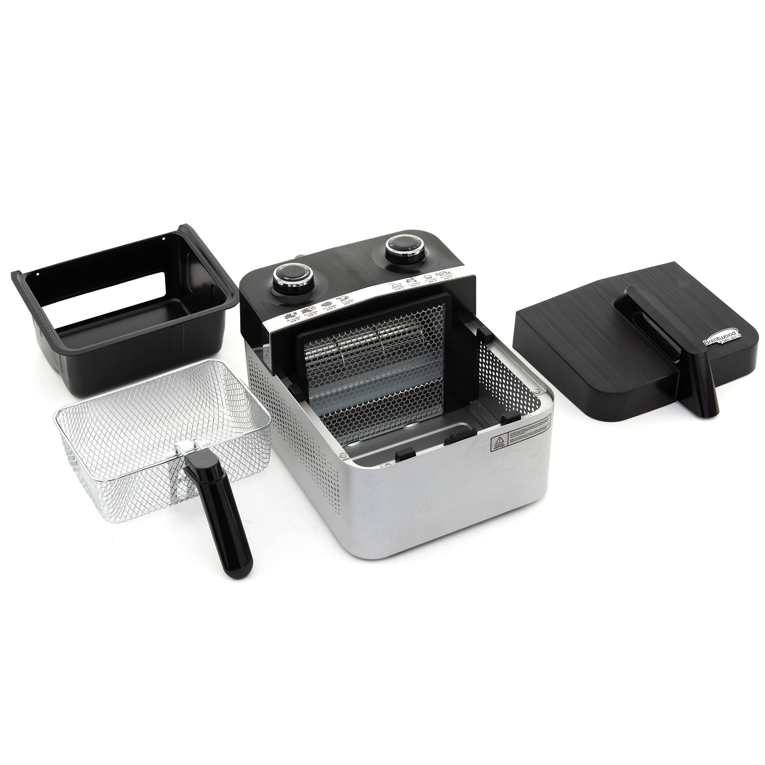 A black and silver food processor is shown with its attachments, including a grater and a slicer. The food processor is placed on a white background.