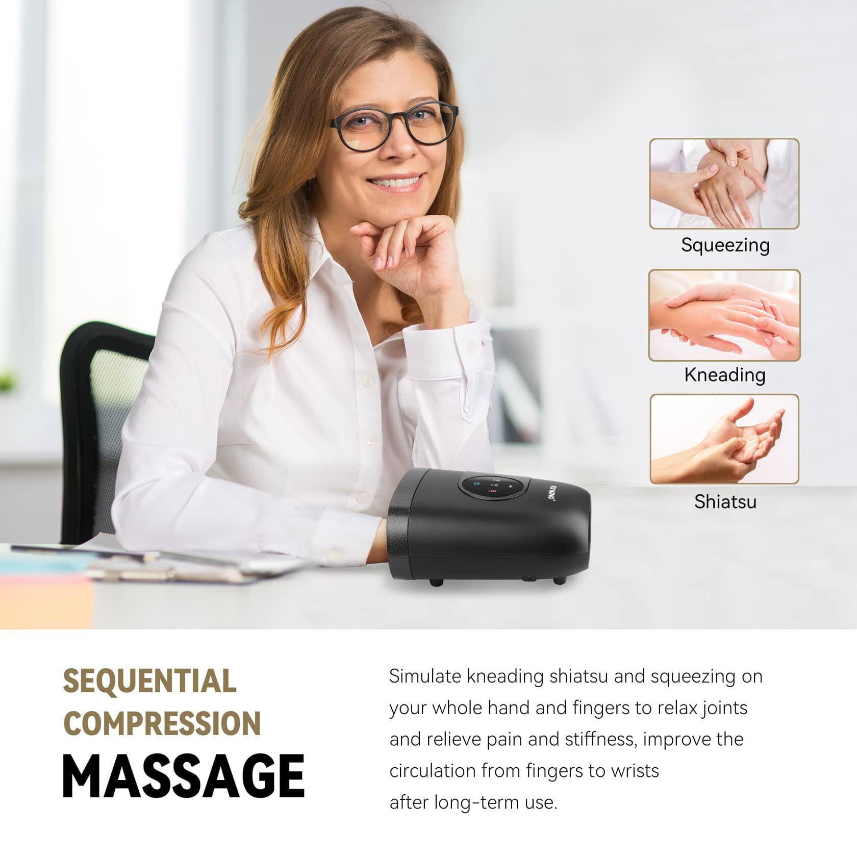 Squeezing  
Kneading  
Shiatsu  

Simulate kneading shiatsu and squeezing on your whole hand and fingers to relax joints and relieve pain and stiffness, improve the circulation from fingers to wrists after long-term use.