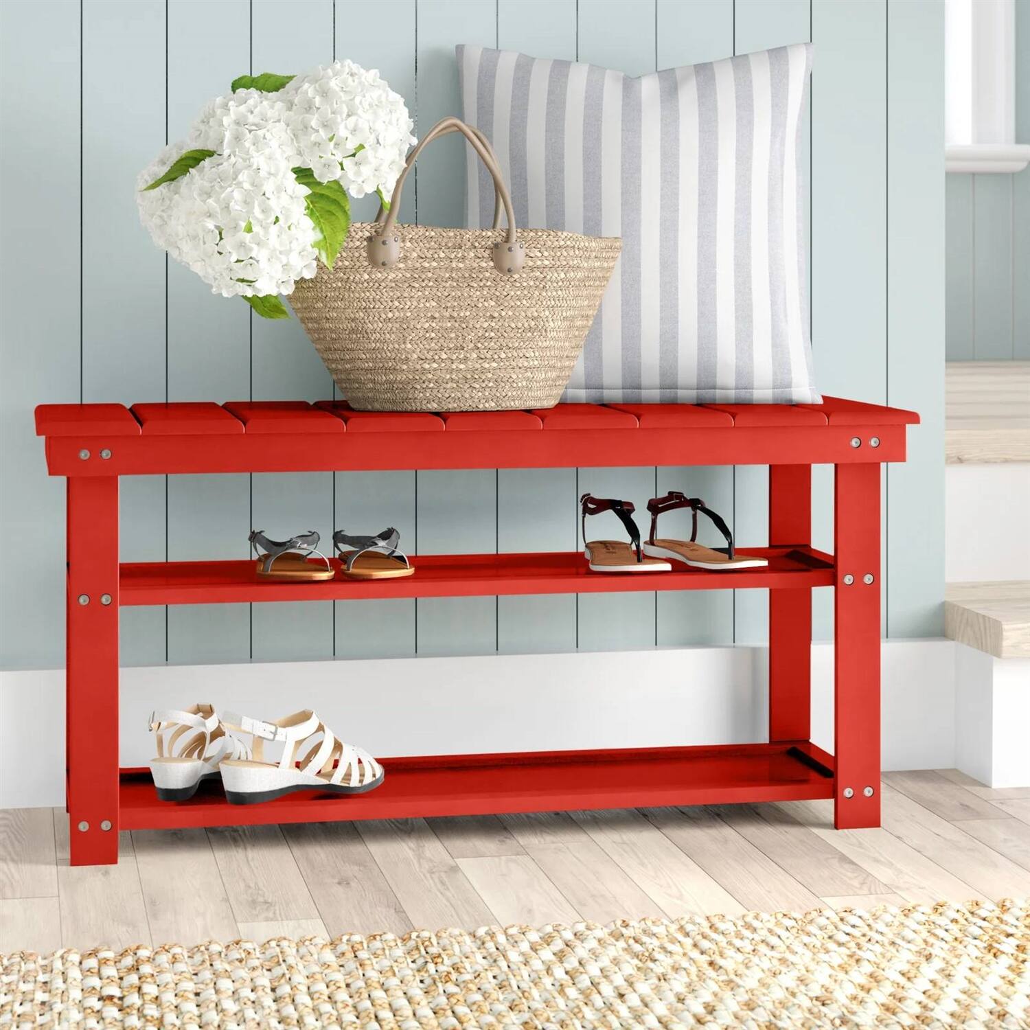 Front. Hivvago - Red Wooden 2-Shelf Shoe Rack Storage Bench for Entryway or Closet - Red.