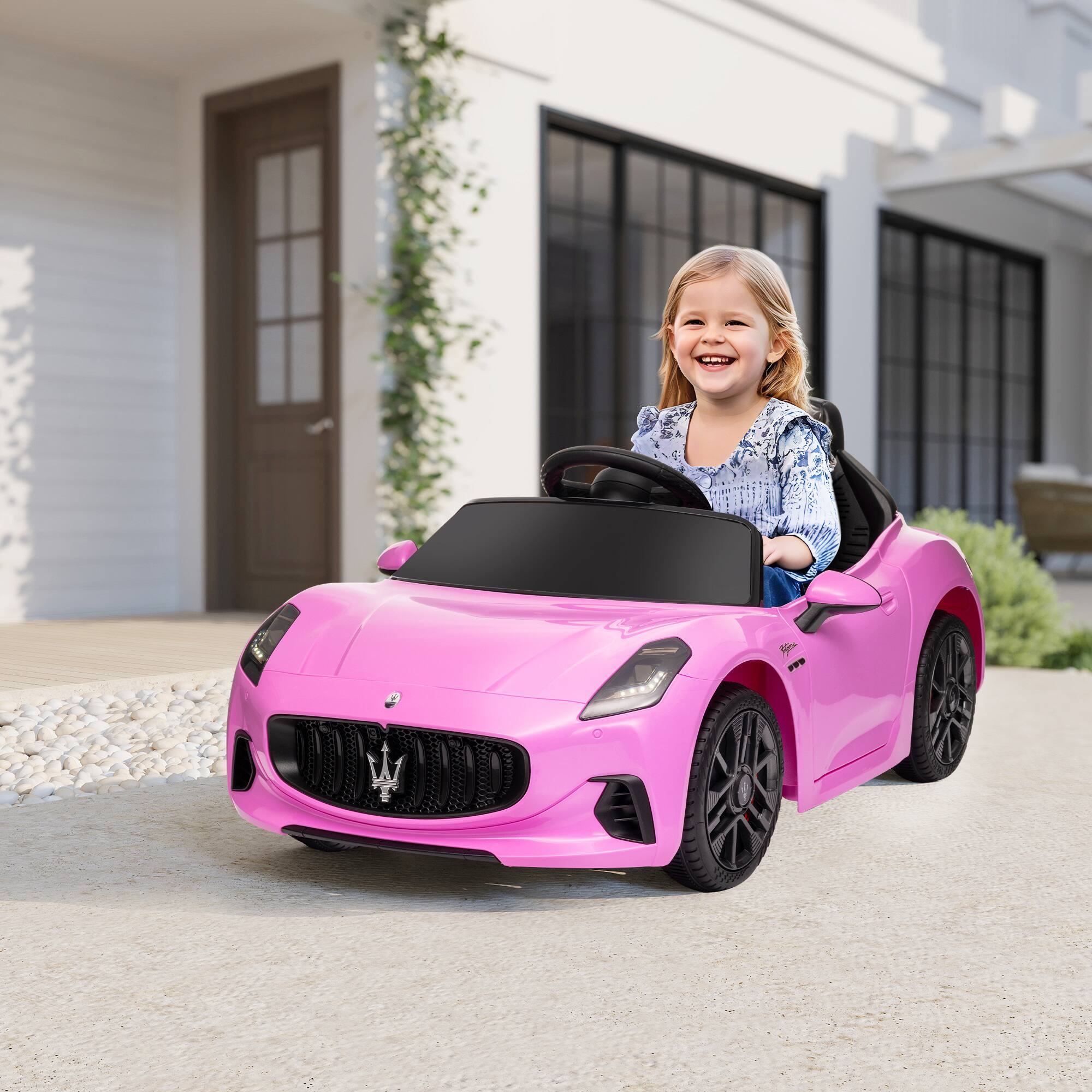 Angle. Qaba - 12V Kids Electric Car, Maserati Gran Turismo Licensed Ride on Car with Remote, Aux Wheel, LED Lights, Music, 3 Speeds.