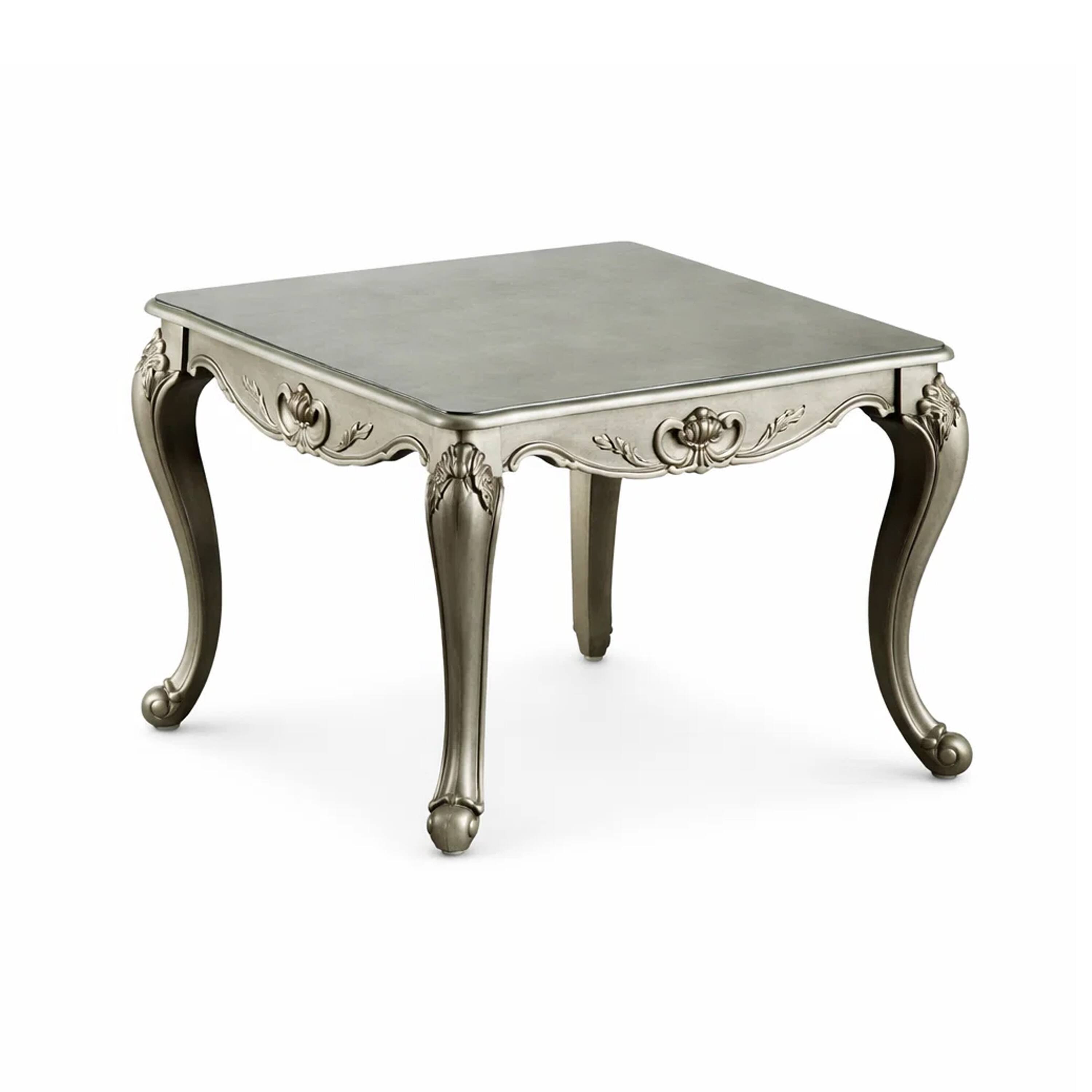 Front. Manhattan Lane - Miz Side End Table, 28 Inch, Carved Cabriole Legs - Champagne Silver, Gold.