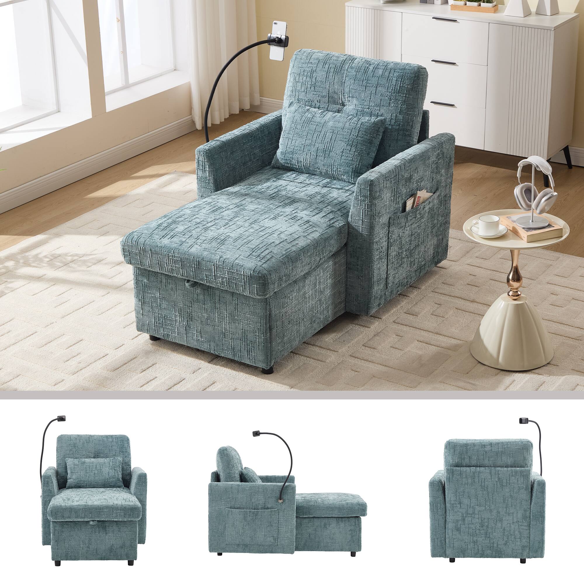 Left. Trinkets Crazed - Lazy Person Sofa Couch, Multifunctional Chenille Single Leisure Chair with Storage Backrest, Cell Phone Bracket - Lake Blue.