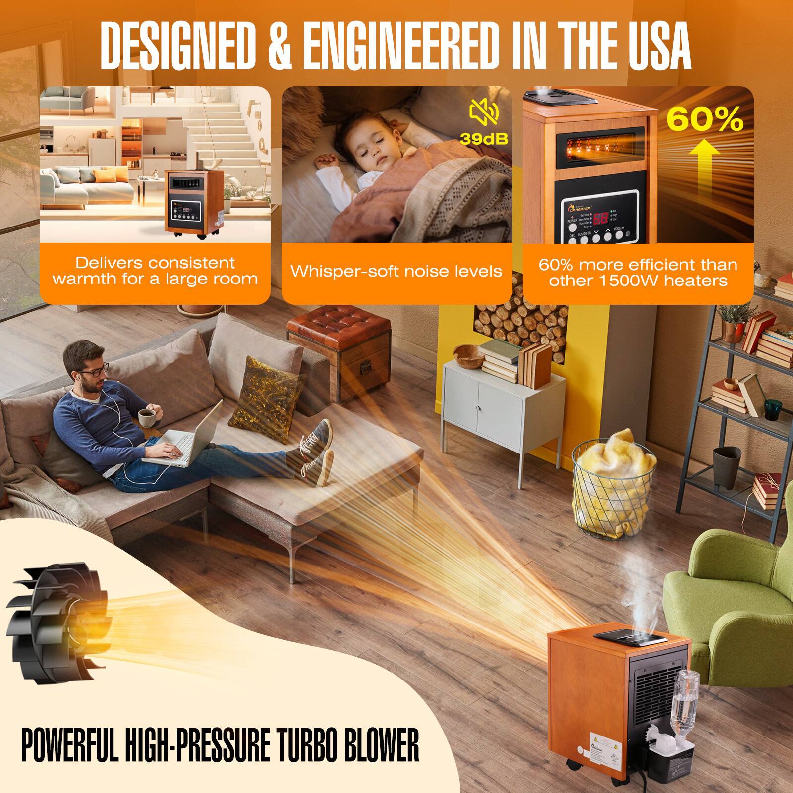 DESIGNED & ENGINEERED IN THE USA

- Delivers consistent warmth for a large room
- Whisper-soft noise levels (39dB)
- 60% more efficient than other 1500W heaters

POWERFUL HIGH-PRESSURE TURBO BLOWER