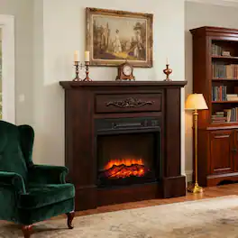 Loheer - Freestanding Electric Fireplace with Mantel, 1400W Heater with 3D LED Log Flame - Brown