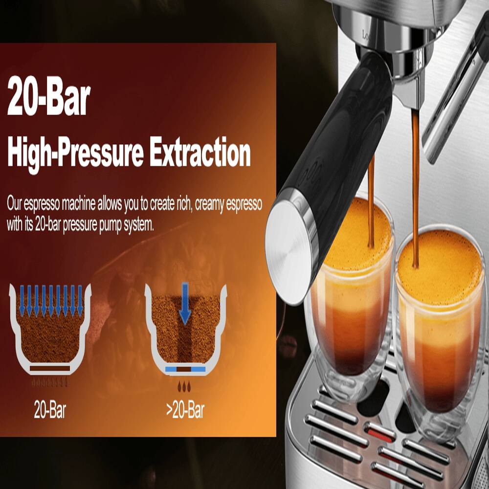 20-Bar High-Pressure Extraction

Our espresso machine allows you to create rich, creamy espresso with its 20-bar pressure pump system.

20-Bar
>20-Bar