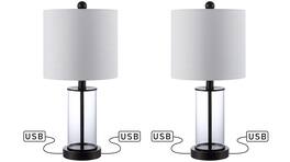 Jonathan Y - Abner 21" Glass Modern Contemporary USB Charging LED Table Lamp, Oil Rubbed Bronze (Set of 2) - Oil Rubbed Bronze/Clear