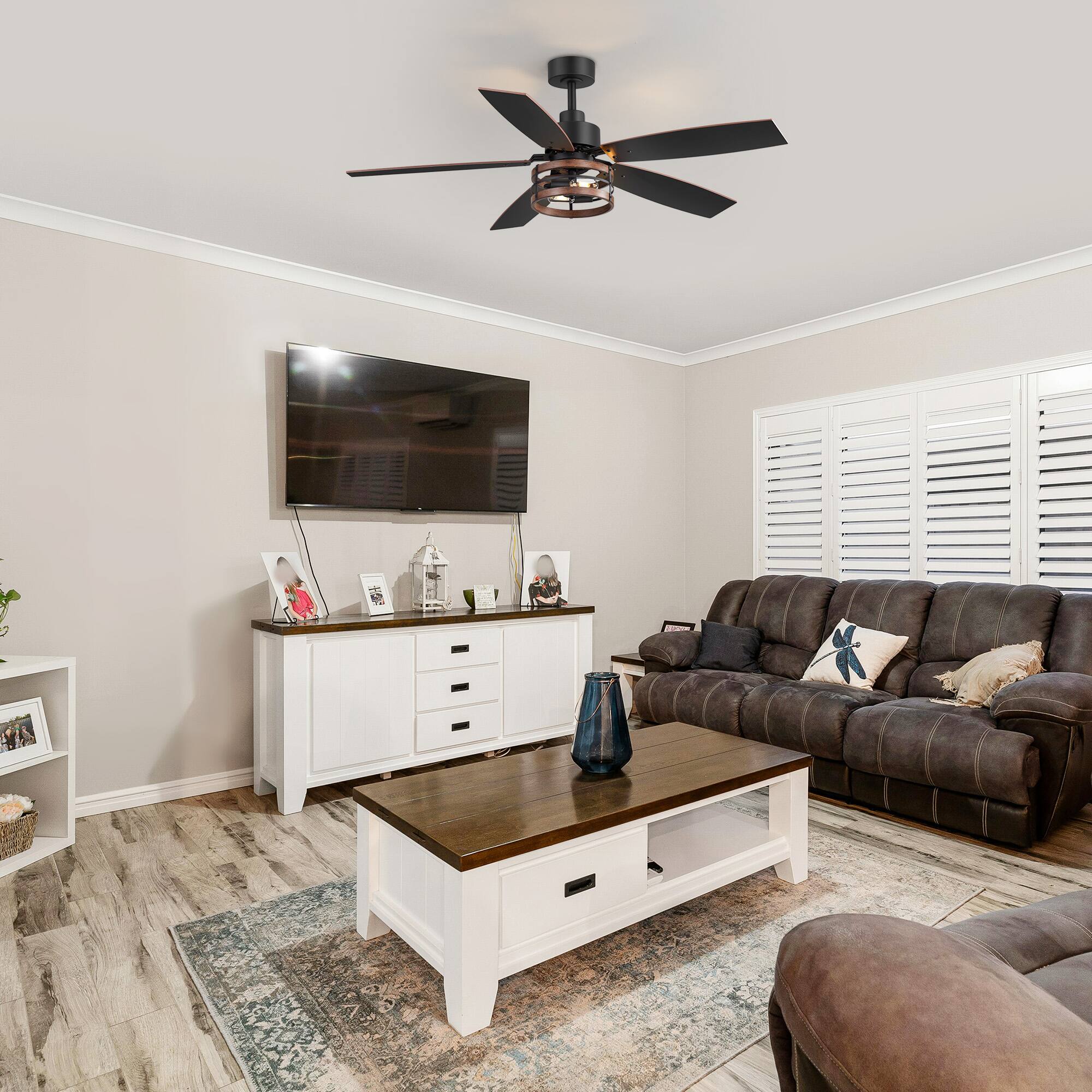 Alt View 2. Breezary - 52'' Walnut Wood Indoor Ceiling Fan with Two-Tier Iron-Ring Lantern Shade, Timer, DC Motor, Remote & 6″ Downrod - Matte Black and Brown.