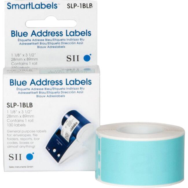 SmartLabels SLP-1BLB Blue Address Labels  
Étiquette Adresse Bleu/Etiqueta Indirizzo Blu/Adressetikett Blau/Etiqueta Dirección Azul/Blauw Adreslabels  
1 1/8" x 3 1/2" (28mm x 89mm)  
Contains 1 roll, 130 labels  

General purpose labels for: envelopes, file folders, reports, bar codes, boxes or almost anything!  

SII Seko Instruments GmbH