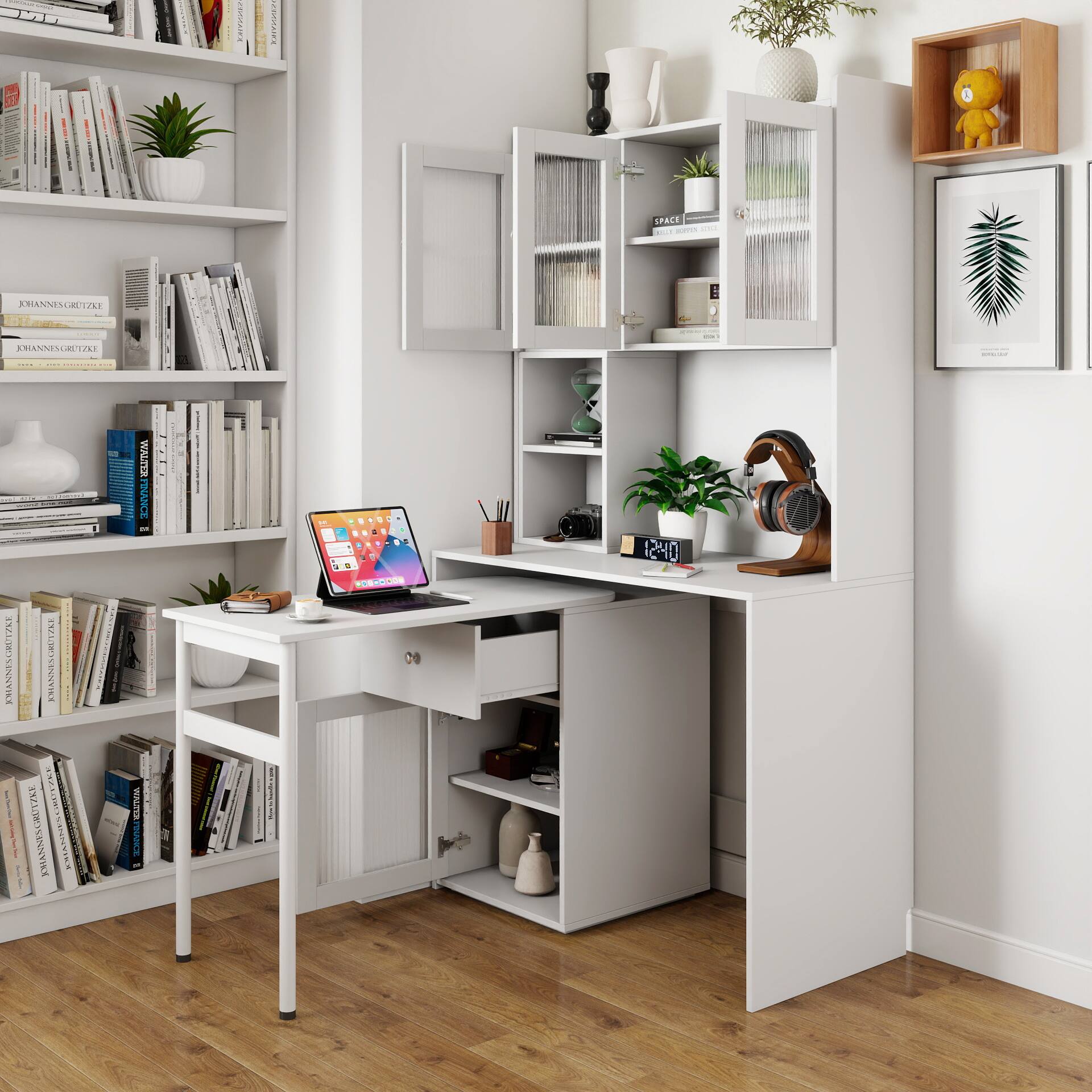 GOODSILO - Rotating Computer Desk with Hutch & Bookshelf, Large Workstation & Storage - White