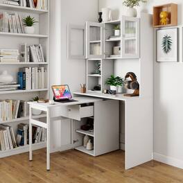 Tiramisubest - Computer Desk with glass door for Home Office, Bookshelf & Hutch, Computer Desk with 90 Degree Rotating Desktop - White