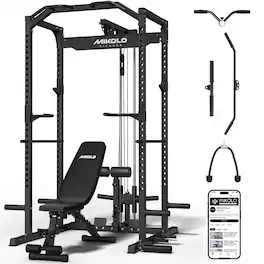 Mikolo - Multi-Functional Squat Rack with LAT Pulldown System Exercise Power Cages,Metal - Black