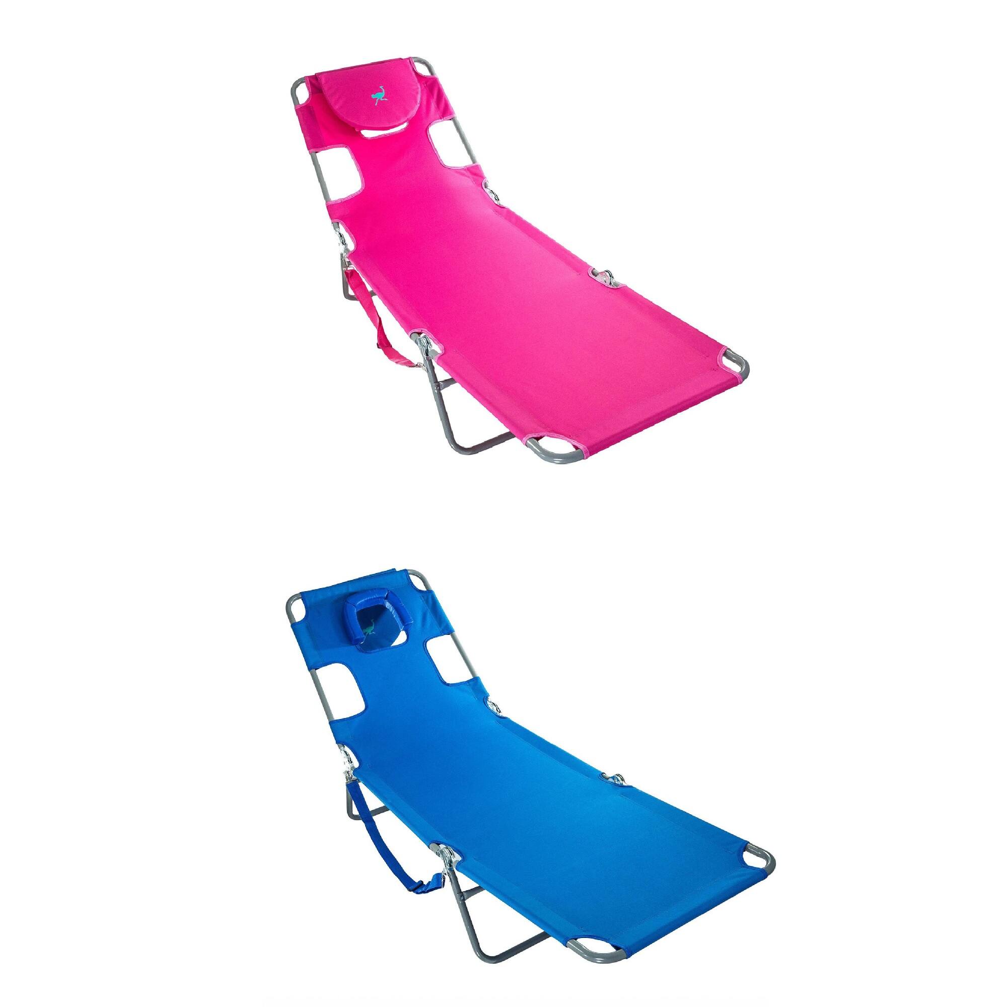Front. Ostrich - Ostrich Chaise Lounge Folding Sunbathing Poolside and Beach Chair, Pink & Blue.