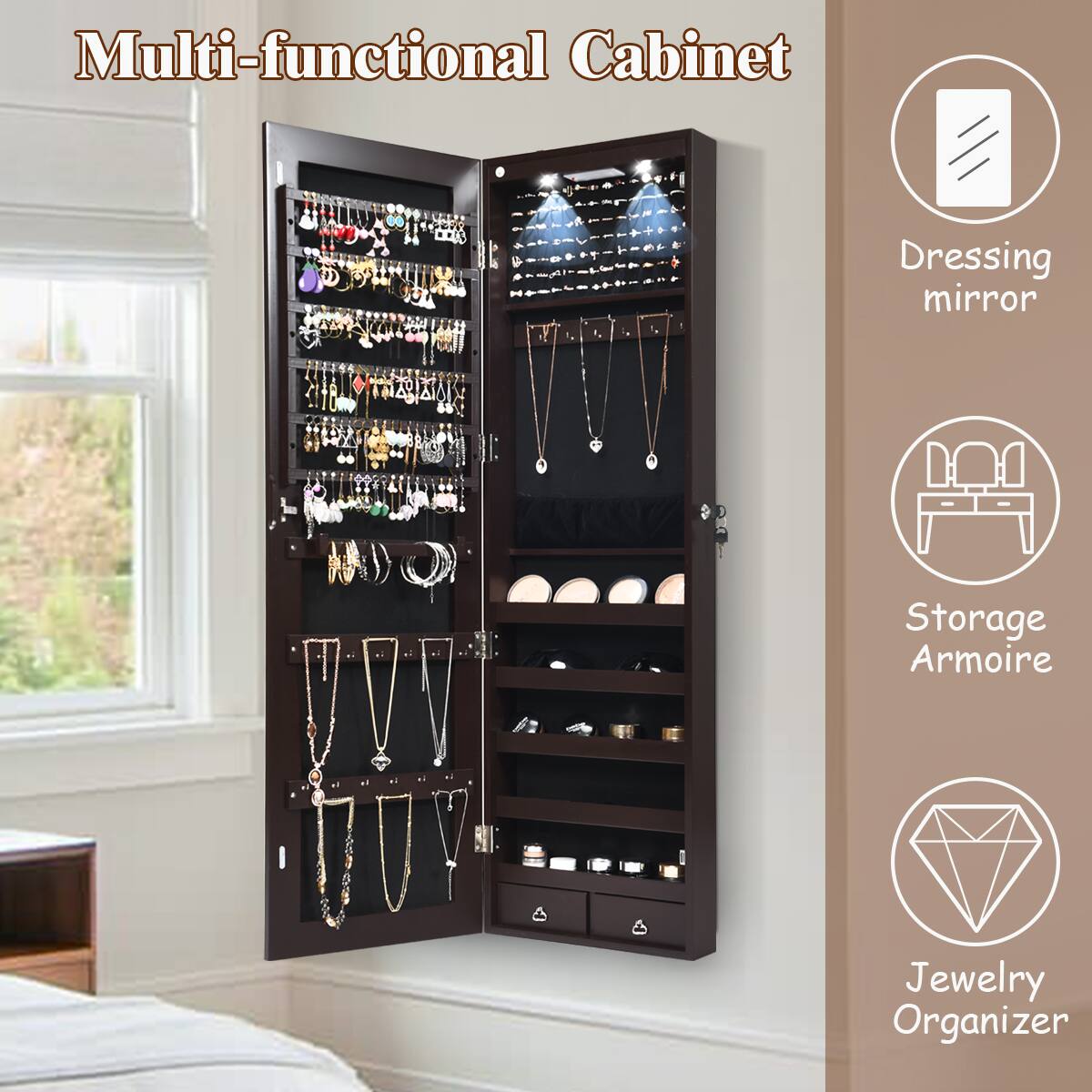 Multi-functional Cabinet Dressing mirror Storage Armoire Jewelry Organizer